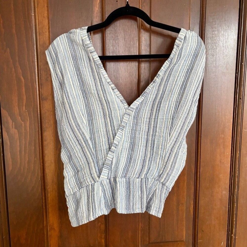 Yume Label Cotton Textured Stripe Wrap Top Blue White Made in France 100% cotton